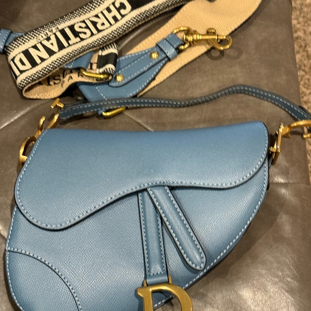 Inspired Blue Leather Shoulder Bag with Gold Hardware